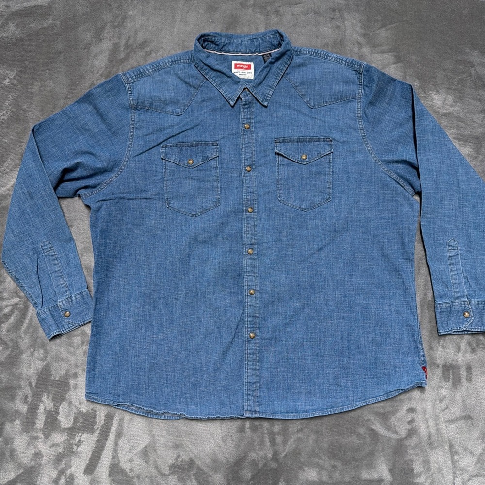 Wrangler Pearl Snap Denim Shirt Mens 3XL Blue Western Stretch Vintage